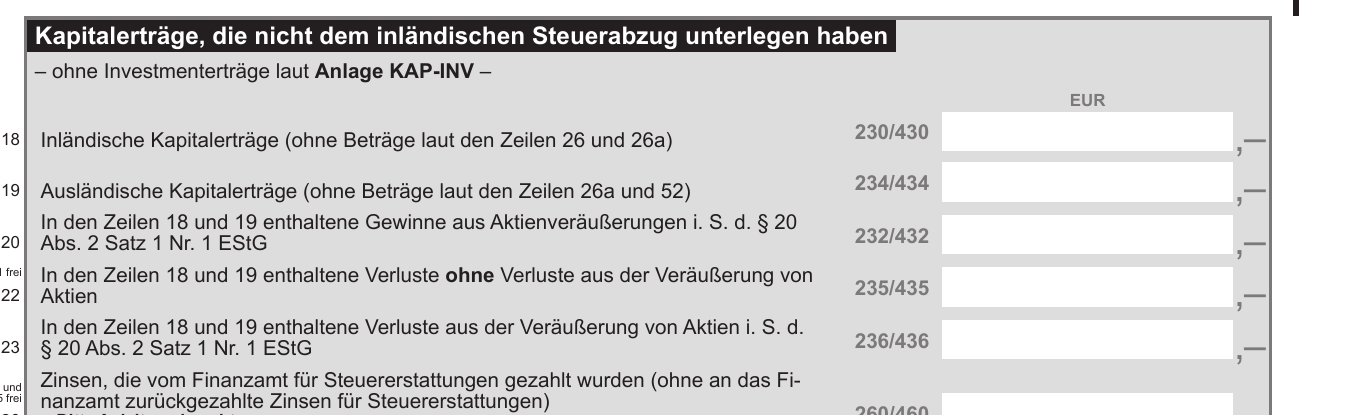 Ausschnitt Anlage KAP 2025 mit Zeilen 18 bis 23 für Kapitalerträge ohne inländischen Steuerabzug