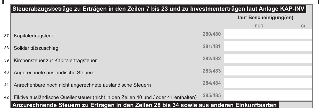 Ausschnitt Anlage KAP 2025 mit Zeilen 37 bis 42 für Steuerabzugsbeträge und ausländische Steuern